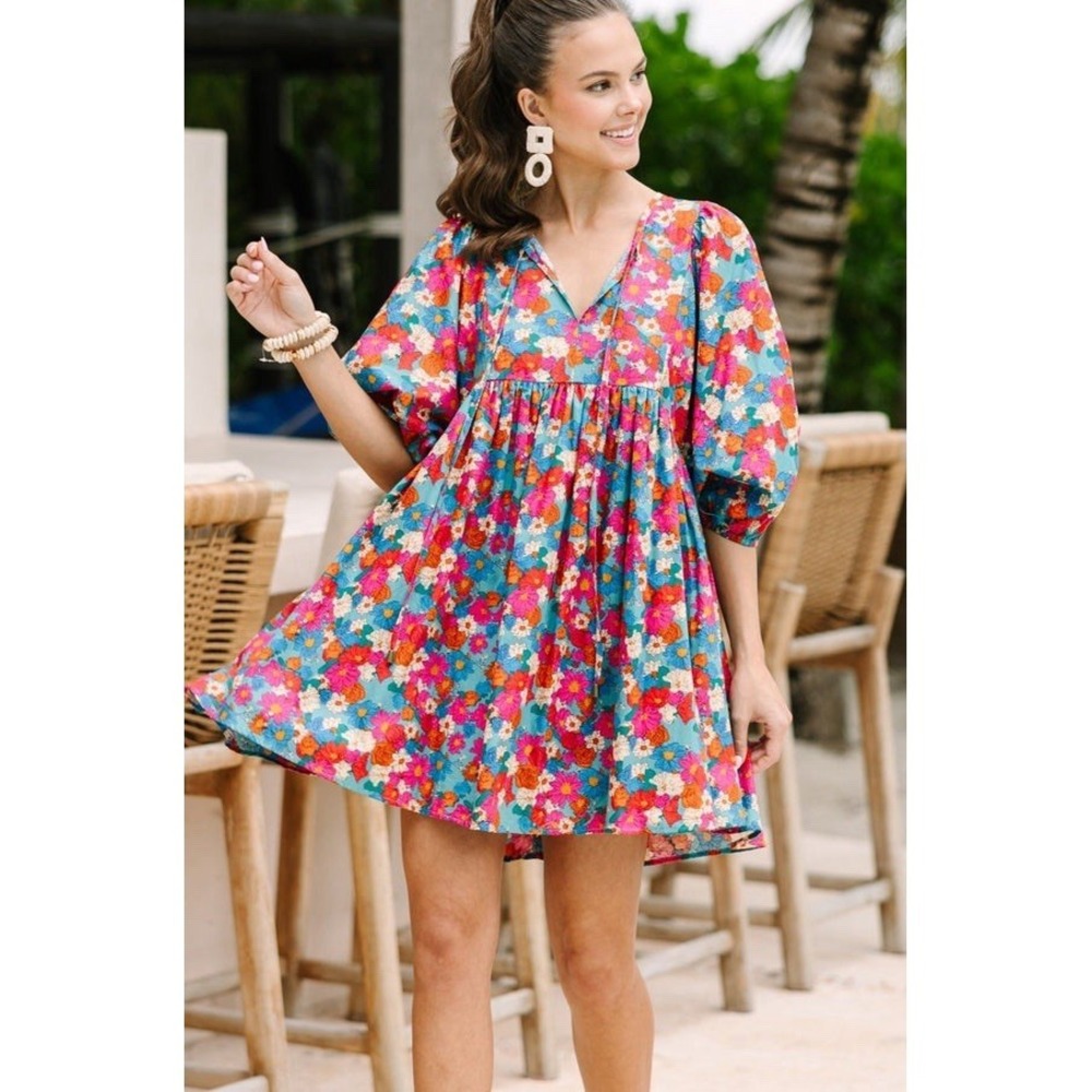 Entro Sea Green Floral Babydoll Dress Puff Sleeve NWT Size M Boho